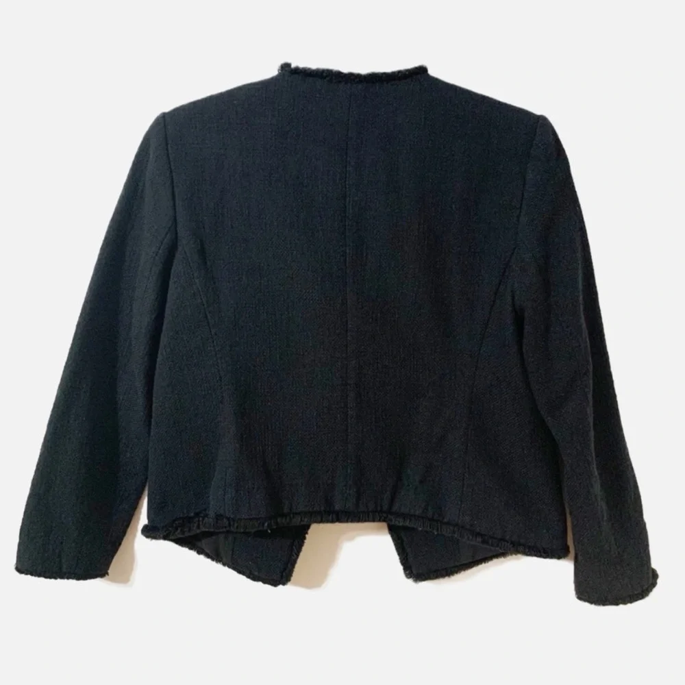 Ann Taylor Cotton Blend Open Front Long Sleeve Crop Waist Blazer Raw Hem Detail